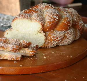 Double Celebration Challah, sliced into.