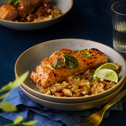 Maple Aleppo Glazed Salmon & Crispy Sheet Pan Rice - Salt and Serenity
