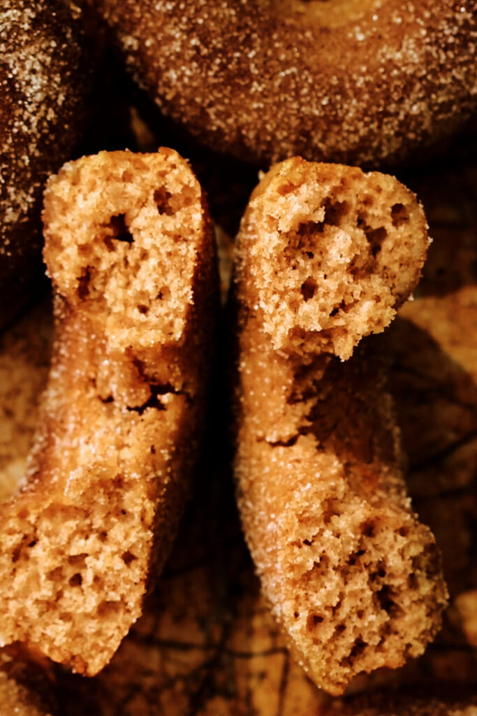 Interior crumb of Baked Apple Cider Donut. Light and fluffy.
